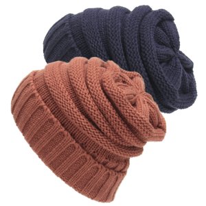 Senker 2 Pack of Trendy Warm Chunky Soft Stretch Cable Knit Slouchy Beanie Skully Hat Cap