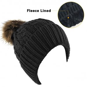 Senker Women's Winter Fleece Lined Cable Knitted Pom Pom Beanie Hat