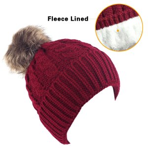 Senker Women's Winter Fleece Lined Cable Knitted Pom Pom Beanie Hat